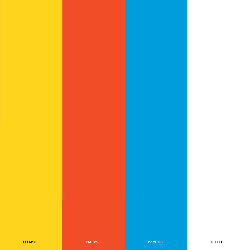 La palette de couleur de Bart Simpson, composée de jaune, orange, bleu et blanc.