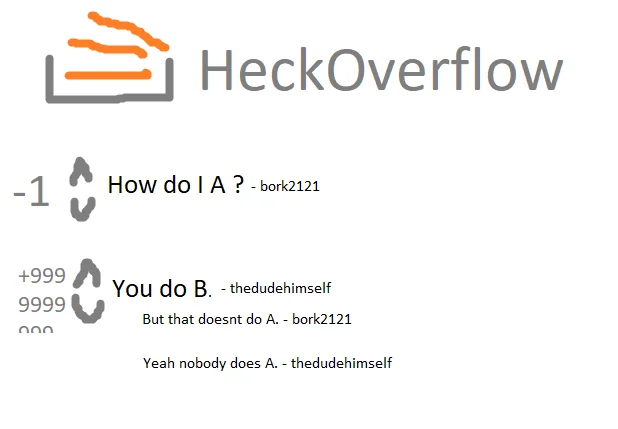 Conversation sur StackOverflow: un utilisateur demande comment faire la solution Apha. On lui propose d'appliquer la solution Beta. Le premier utilisateur répond que ceci ne fait pas Alpha, et on lui dit que personne n'utilise Alpha.